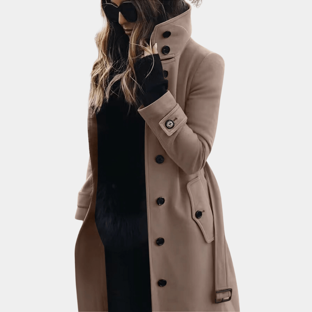 Khaki classic style trench coat for women, made from warm wool blend