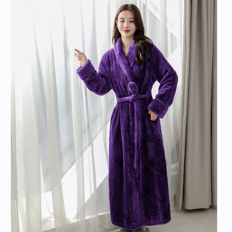 Model wearing a soft Evi plush bathrobe, showcasing its comfortable and stylish design.