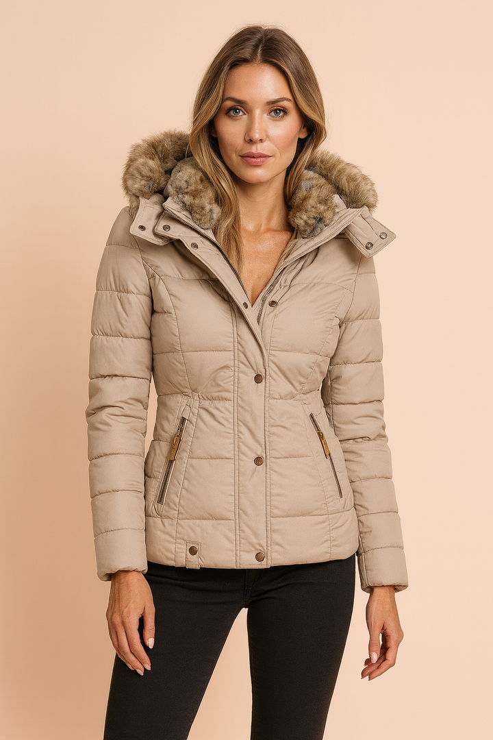 Women's fitted hooded puffer jacket in black, showcasing quilted design and warm insulation for winter.