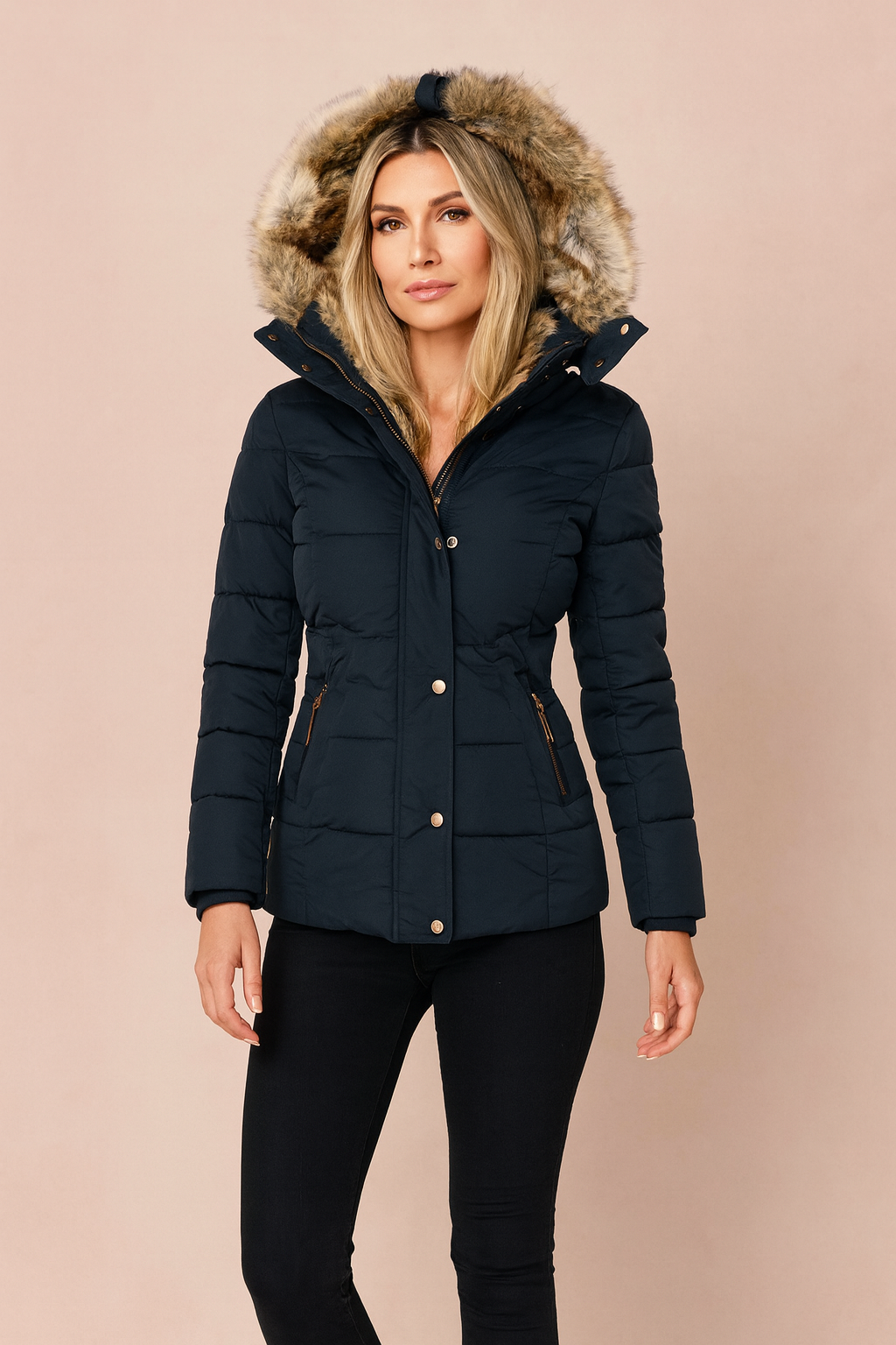 Close-up of the stylish women's fitted puffer jacket hood, highlighting the elegant winter outerwear.