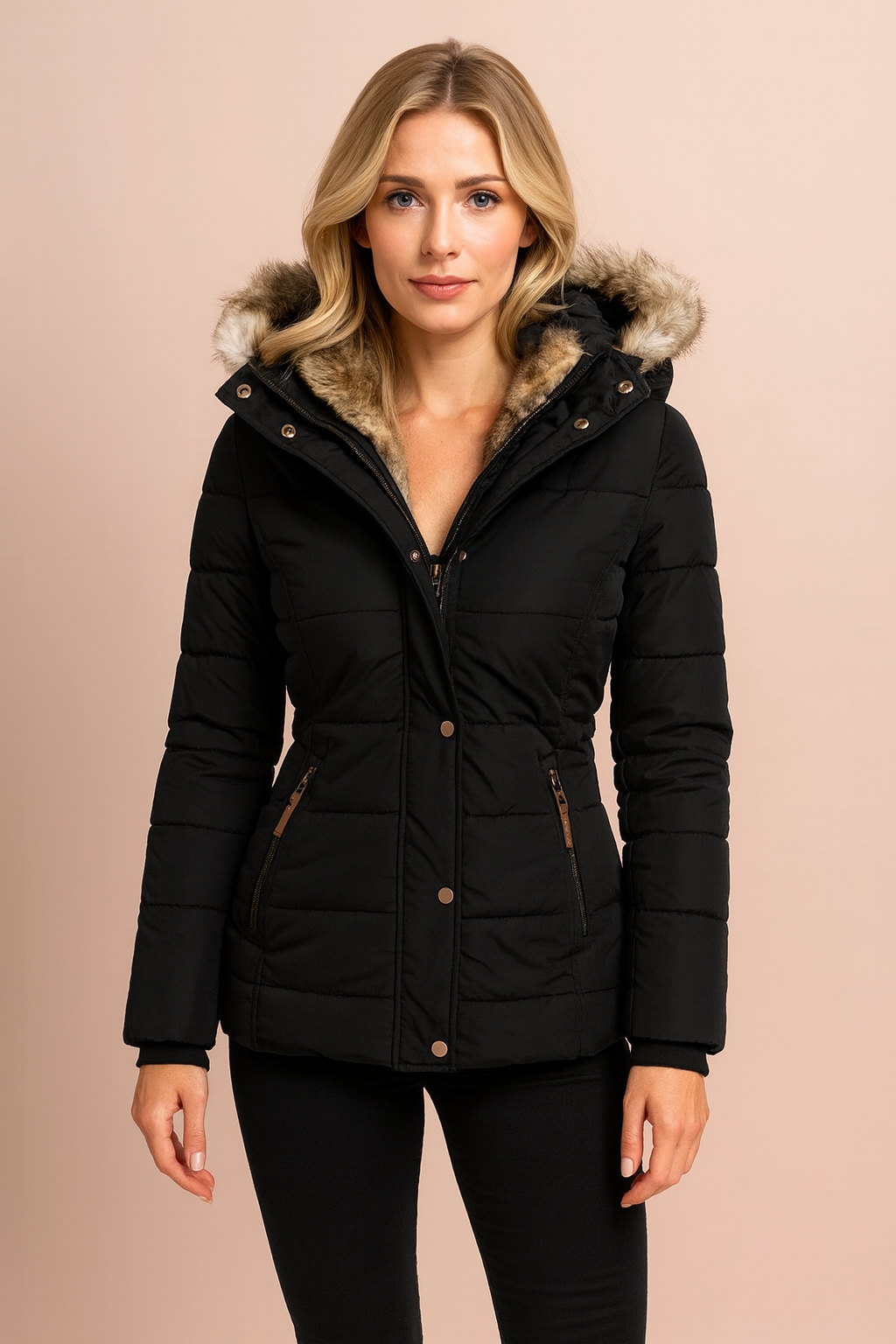 Model wearing a fashionable women's fitted hooded puffer jacket, perfect for staying warm and stylish.