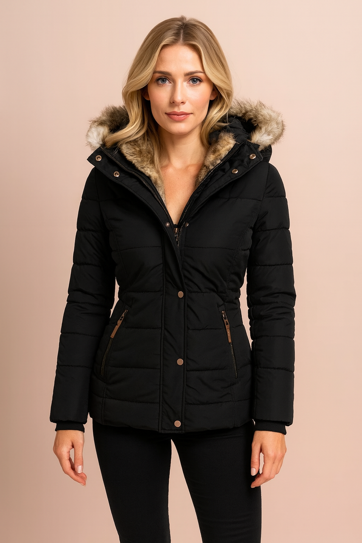 Model wearing a fashionable women's fitted hooded puffer jacket, perfect for staying warm and stylish.