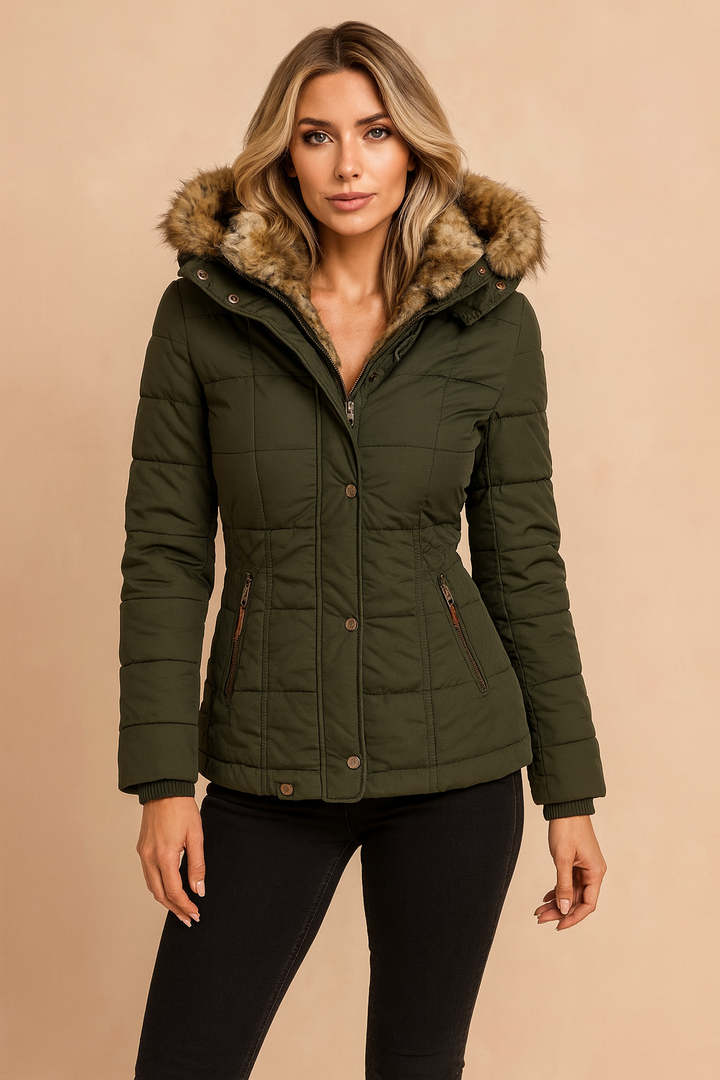 Side view of the elegant women's winter puffer coat, emphasizing its fitted silhouette and hood.