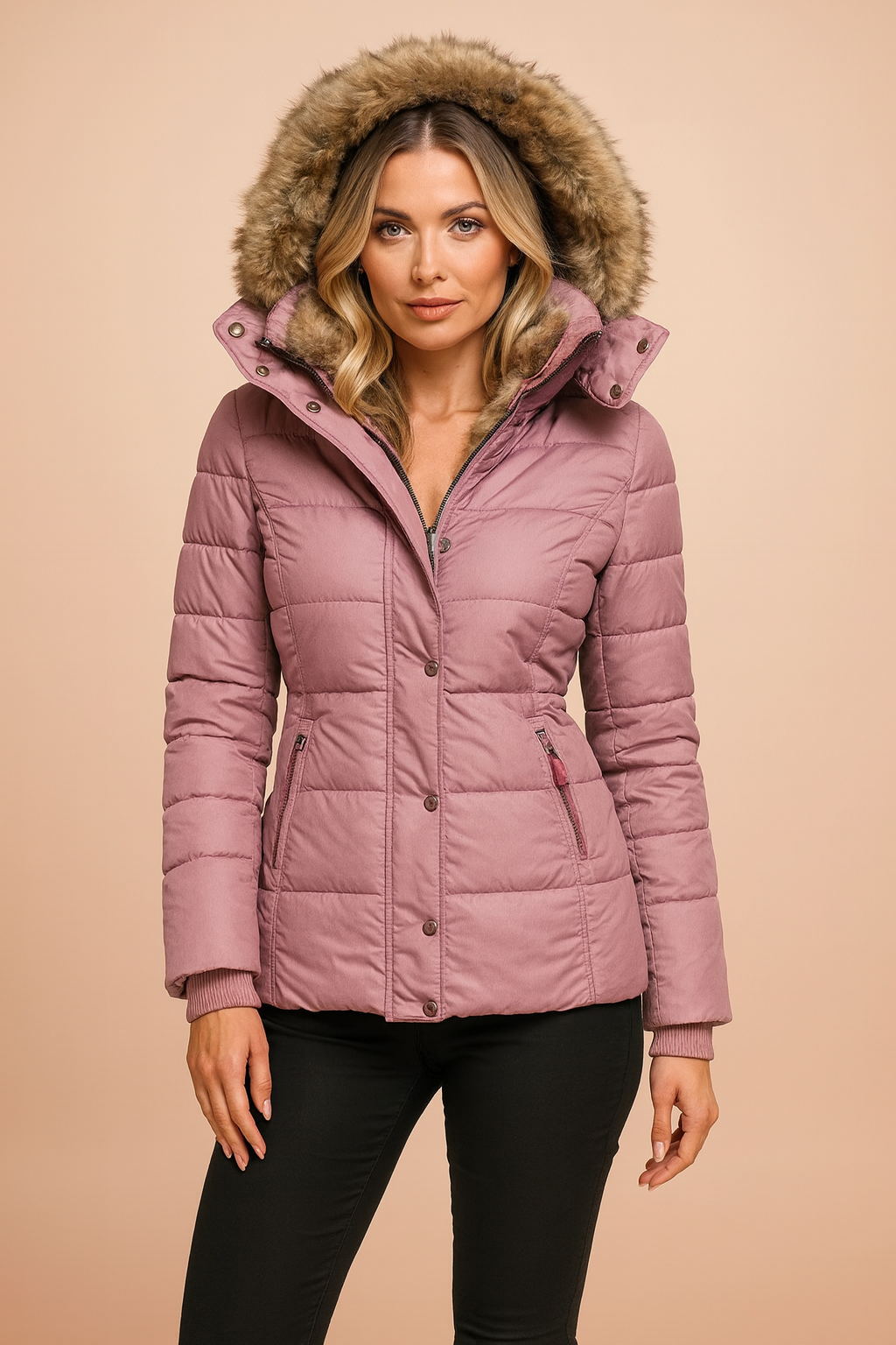 Detailed shot of the warm quilted women's jacket, showing texture and quality of the puffer material.