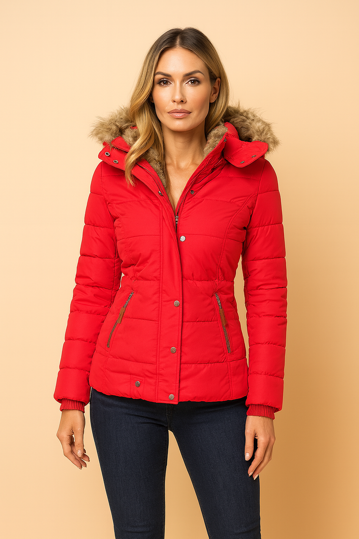 Women's fitted hooded puffer jacket in navy blue, a versatile and stylish choice for cold weather.