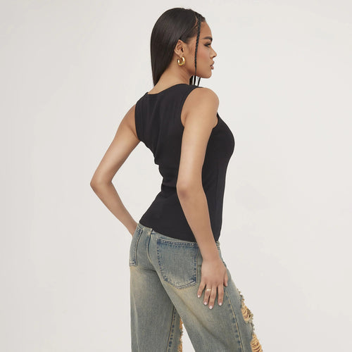 This women's scoop neck tank top is a versatile sleeveless choice for active lifestyles.