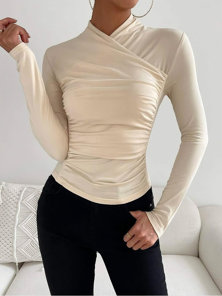 Slimming women's fitted long sleeve top with stylish wrap neck design, a fashion staple for all seasons.