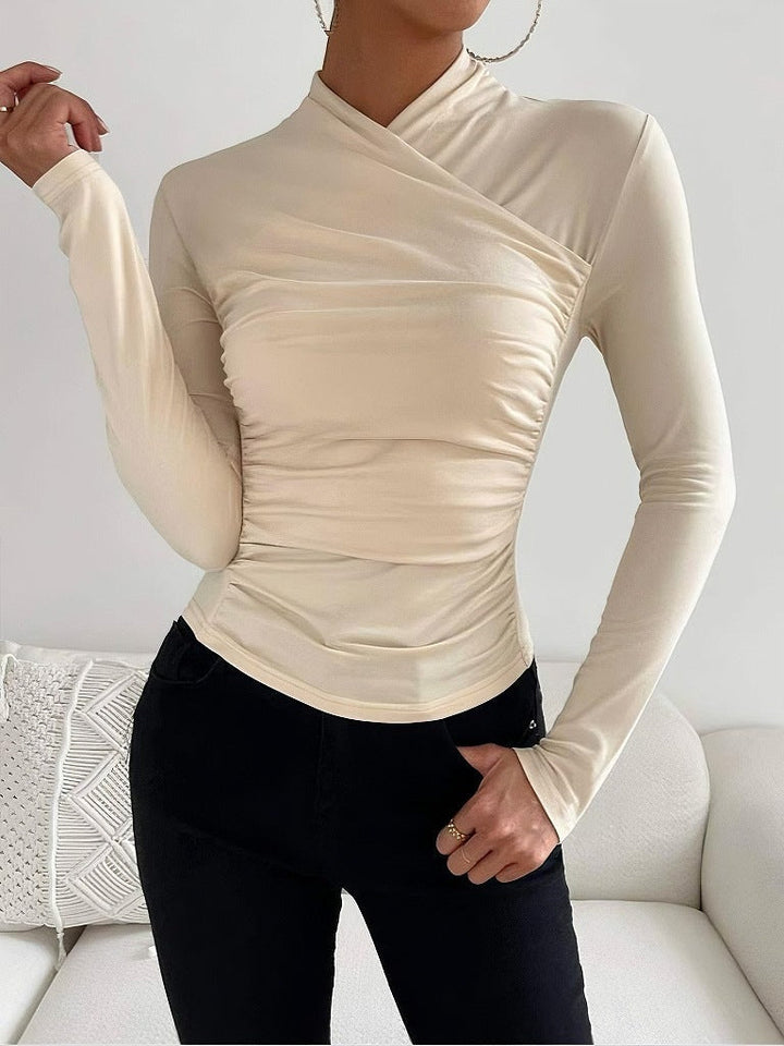 Slimming women's fitted long sleeve top with stylish wrap neck design, a fashion staple for all seasons.