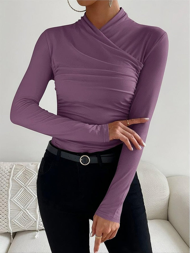 Elegant women's fitted wrap neck long sleeve blouse, a comfortable and versatile top for any occasion.