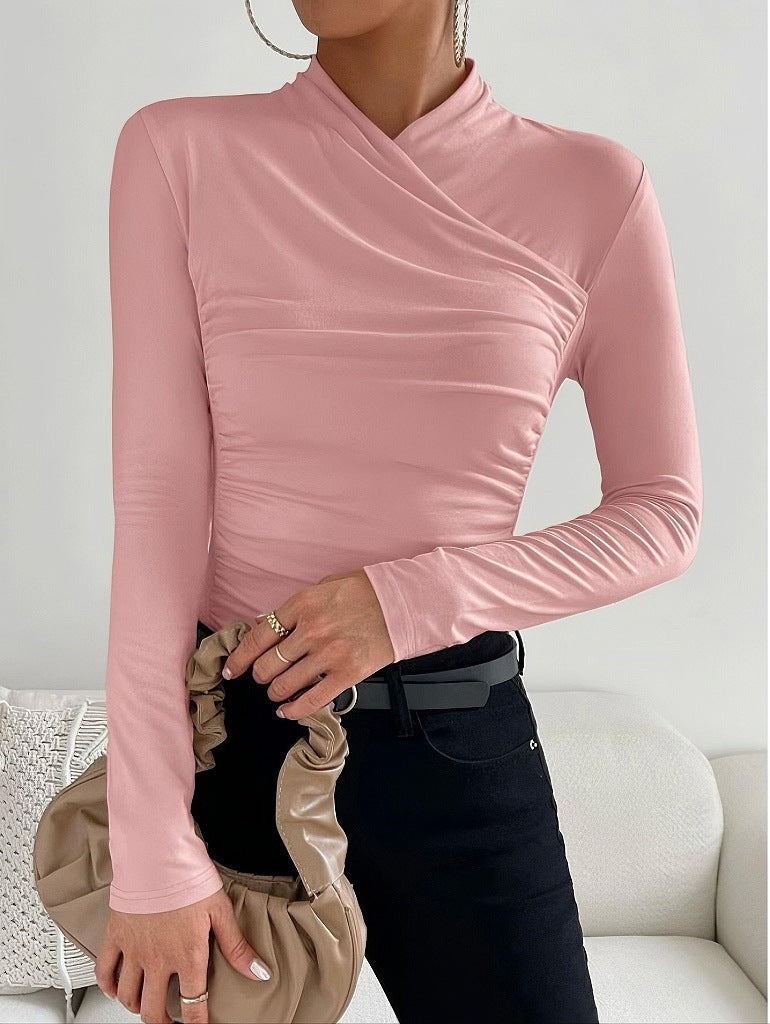 Chic women's fitted wrap neck long sleeve shirt, ideal for a polished office look or casual everyday style.