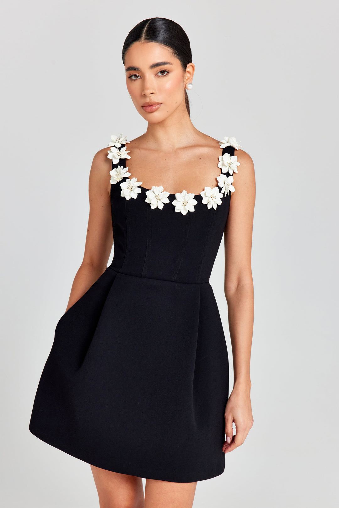 Charming floral appliqué a-line mini dress for women's summer fashion.