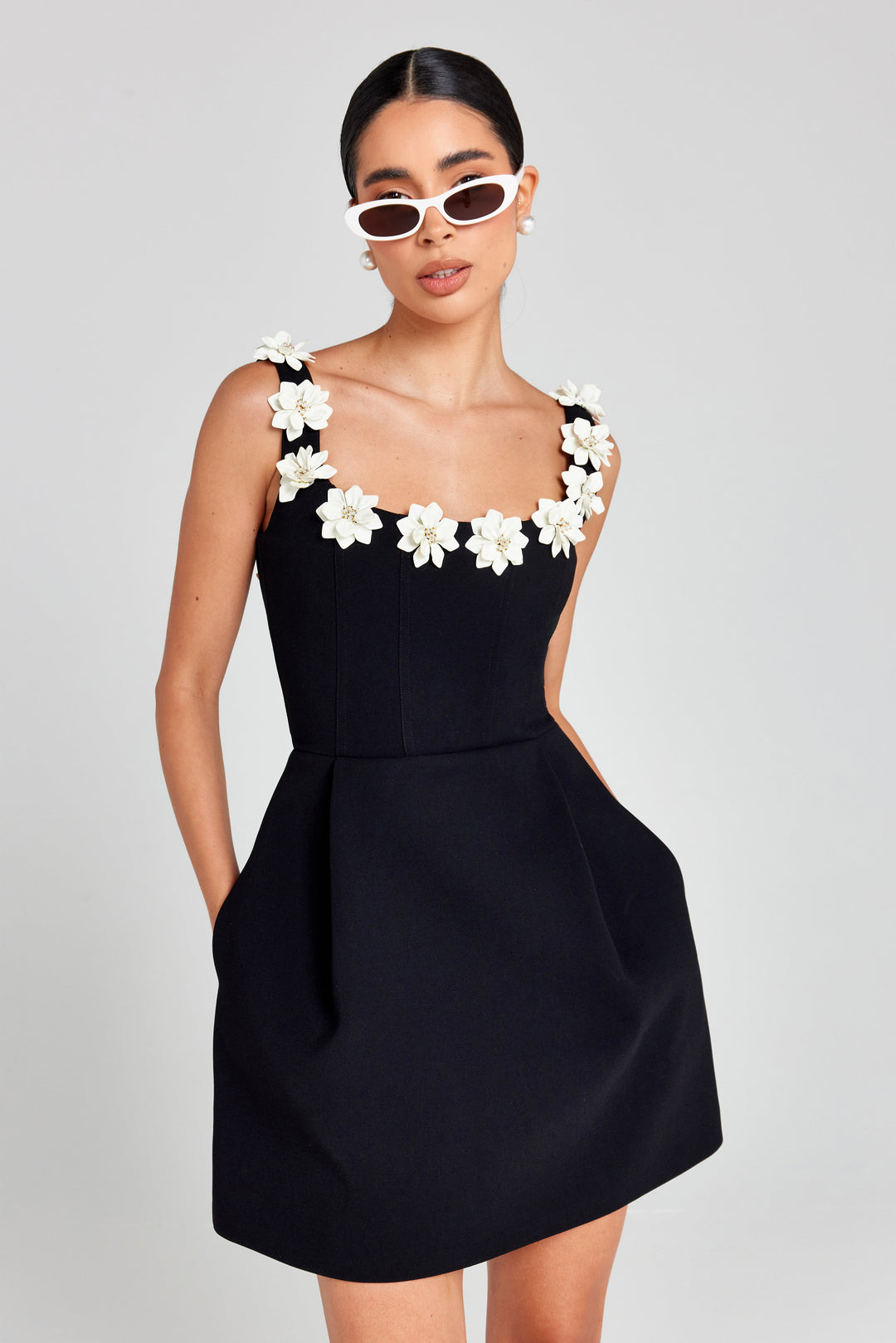 Women's floral appliqué party dress, short length, great for evening wear.