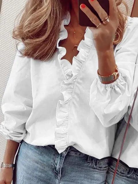 Lightweight casual blouse for women, featuring a V-neck and long ruffled sleeves
