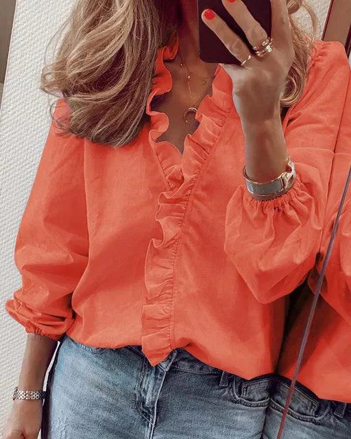 Chic women's fashion: V-neck long sleeve blouse with delicate ruffles