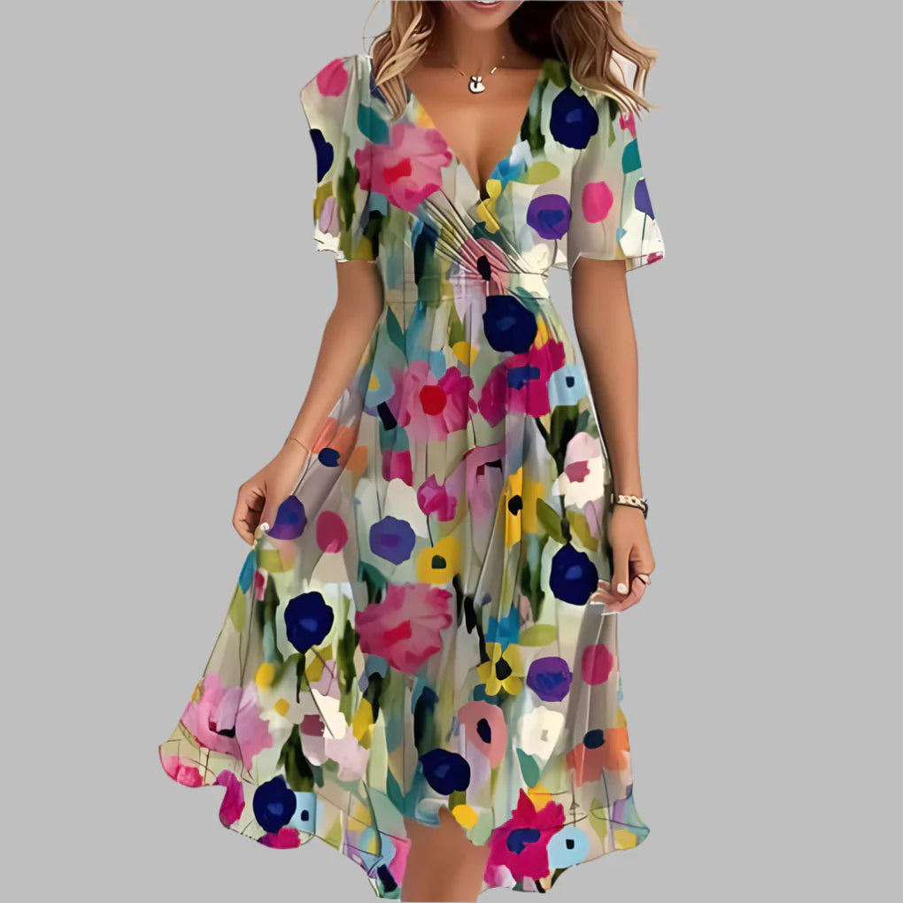 Women's Floral Ruched Midi Dress - Elegant & Flattering Style
