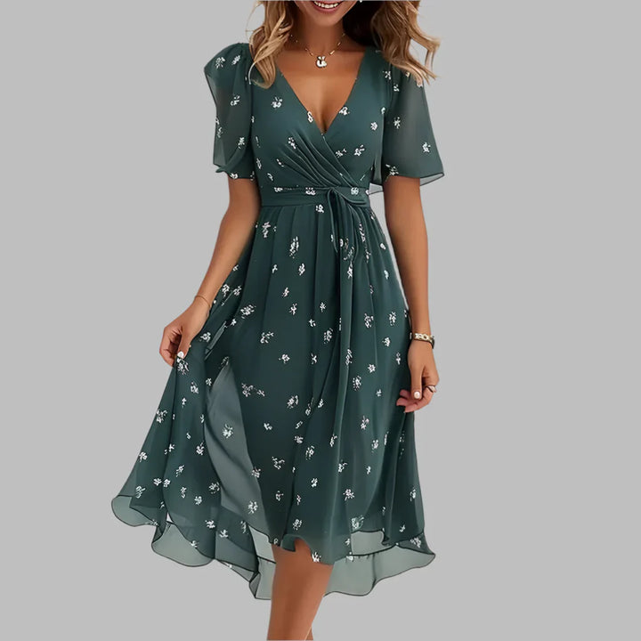 Women's Floral Ruched Midi Dress - Elegant & Flattering Style