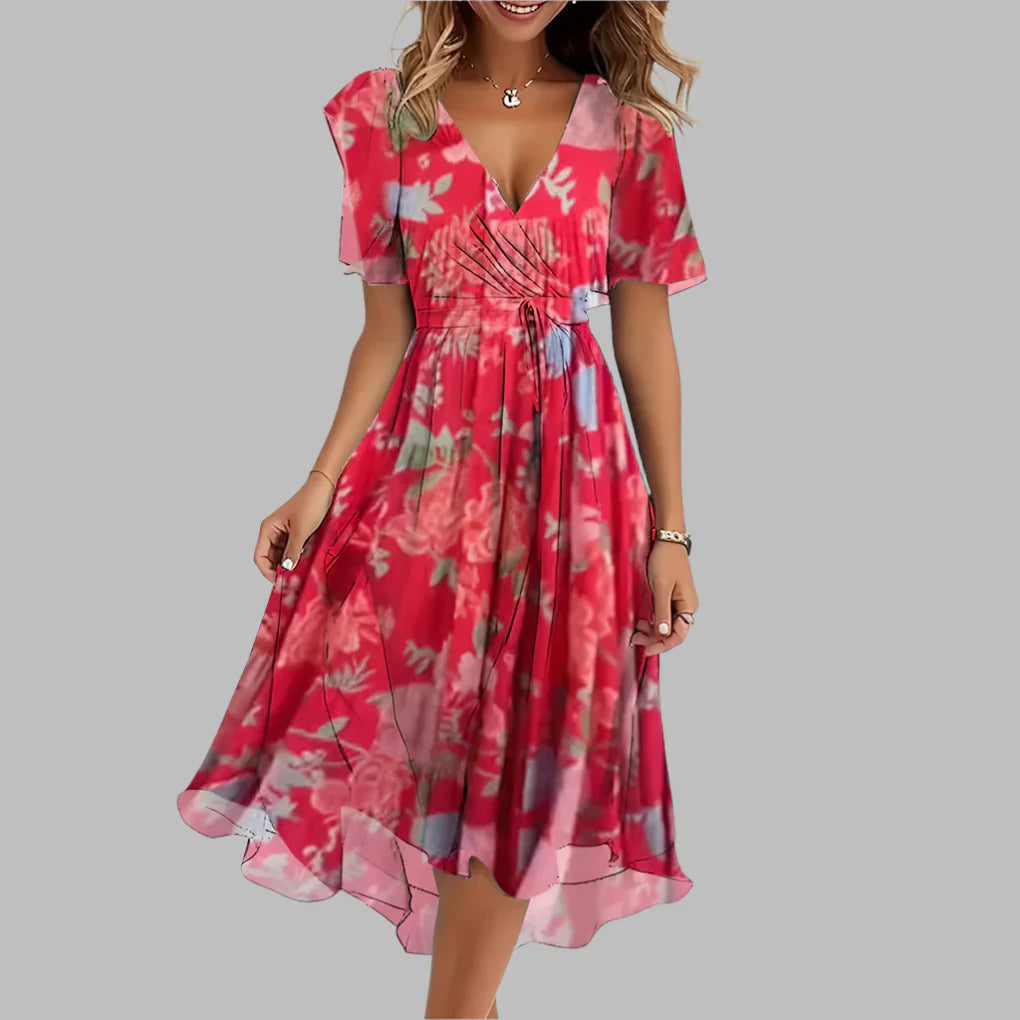 Women's Floral Ruched Midi Dress - Elegant & Flattering Style