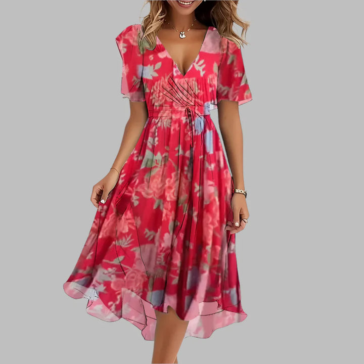 Women's Floral Ruched Midi Dress - Elegant & Flattering Style