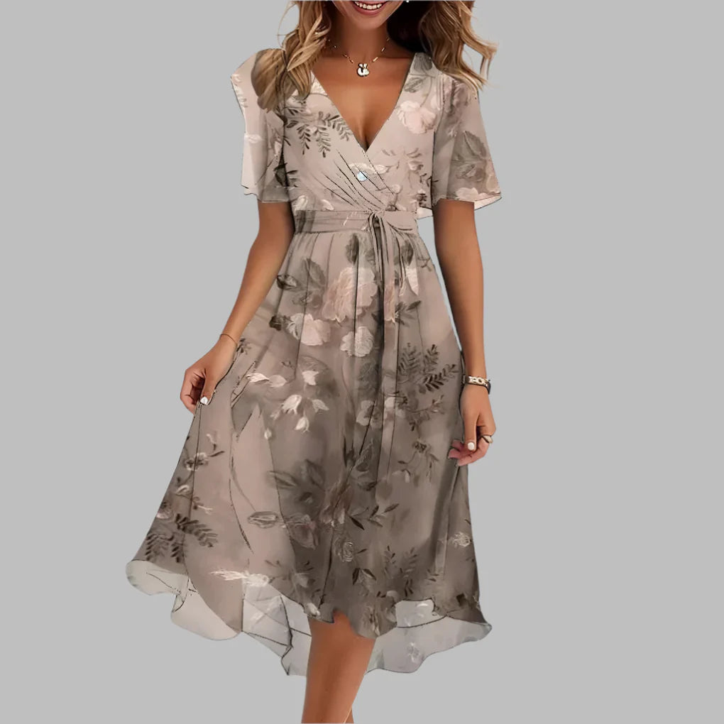 Women's Floral Ruched Midi Dress - Elegant & Flattering Style