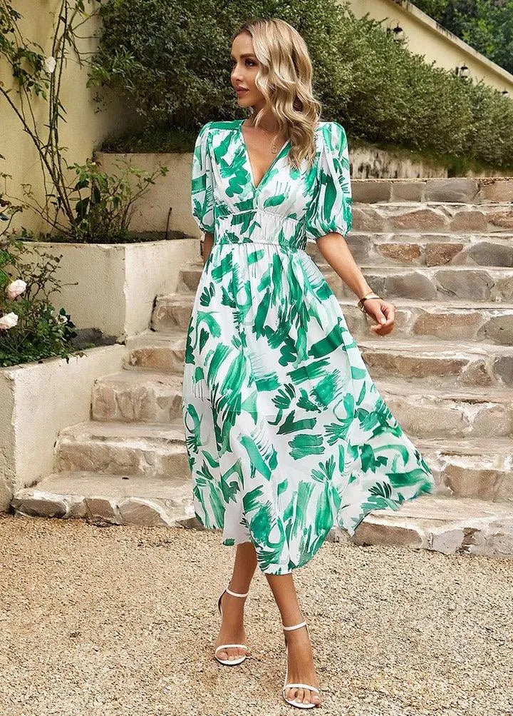 V-neck midi length floral dress for women, a versatile choice for summer events.