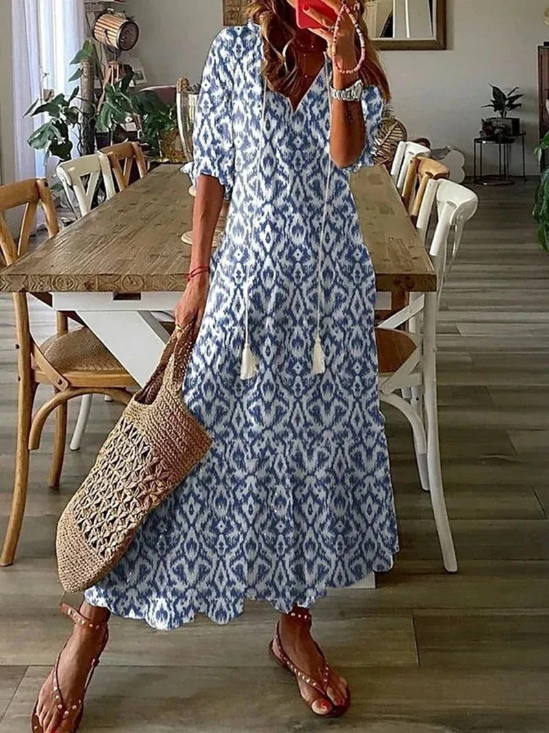 Women's Flowy Boho Maxi Dress, Luna, with V-neck, half sleeves, perfect for summer casual elegance.