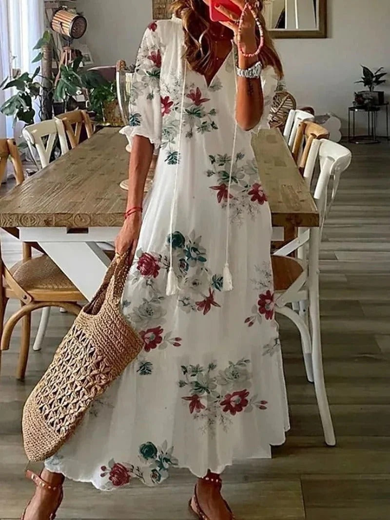 Elegant Women's Long Boho Maxi Dress, Luna, with V-neck & half sleeves, offering flowy, breathable comfort.