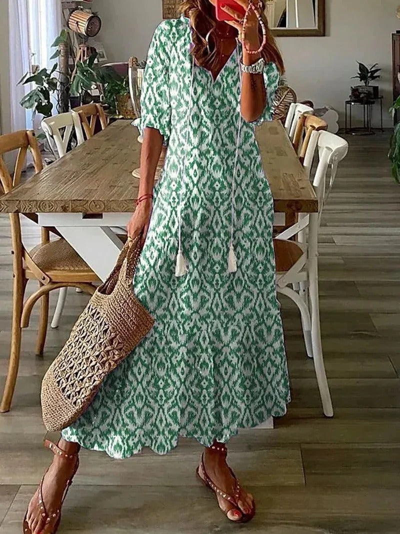 Comfortable Women's Long Boho Maxi Dress, Luna. Effortless style with a V-neck, half sleeves, and flowy design.