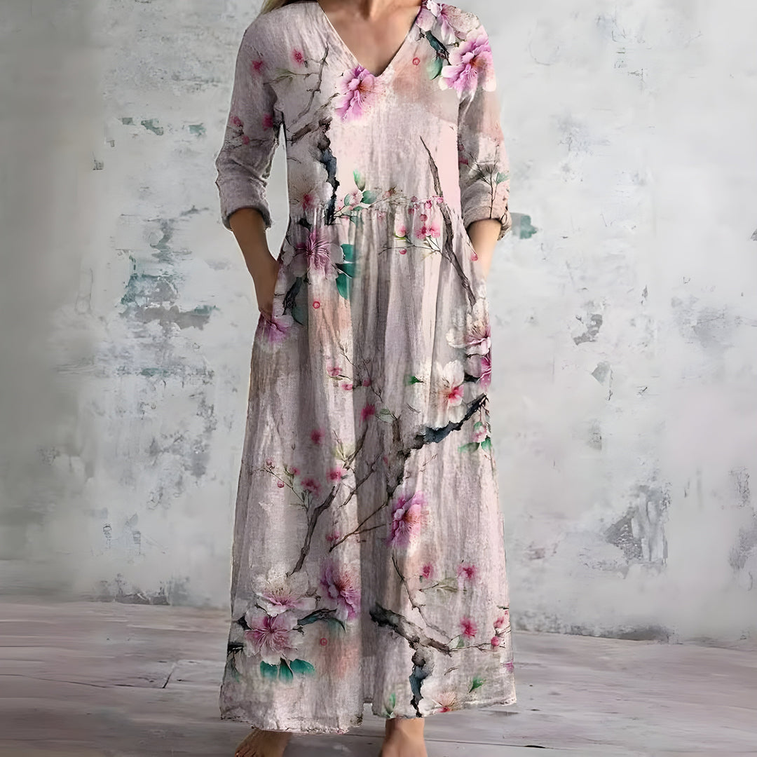 Casual women's summer floral V-neck maxi dress, light and airy. Great for vacations or beach outings.