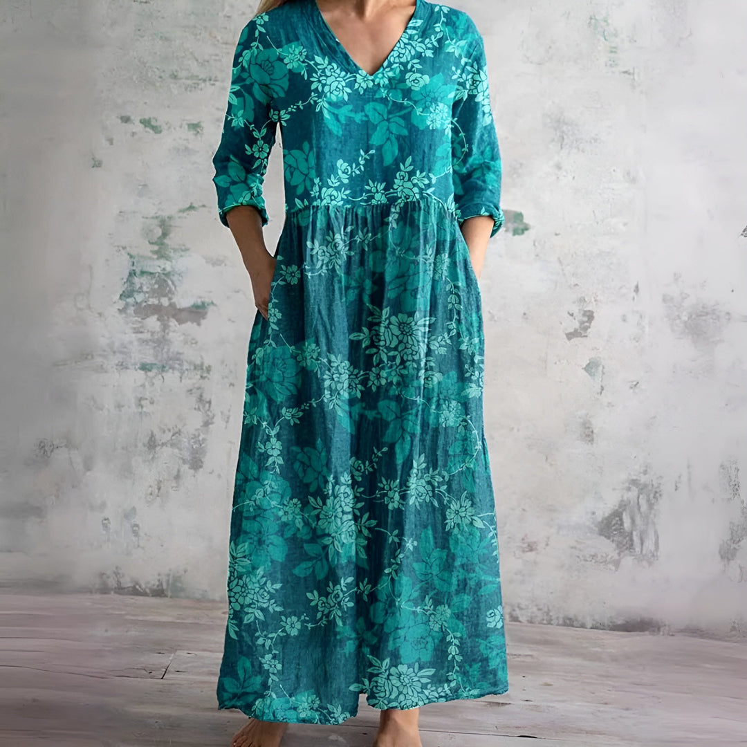 Women's elegant V-neck floral maxi dress, ideal for summer vacation and comfortable casual wear.