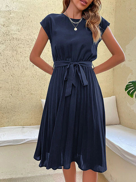 Discover comfort and style in this women's flowy pleated summer midi dress
