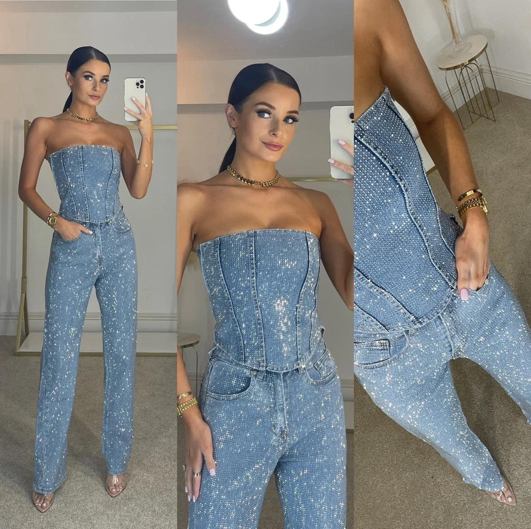 Front view of women's trendy glitter high-waist jeans & shimmering top two-piece set. Special occasion.
