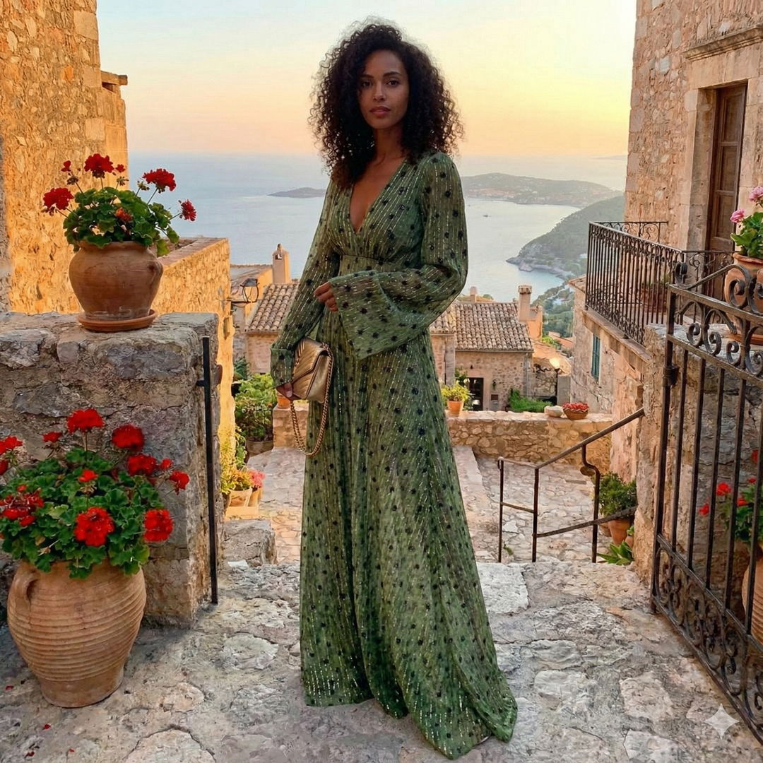 Long sleeve V-neck green maxi dress, ideal women's beach and elegant summer wear.