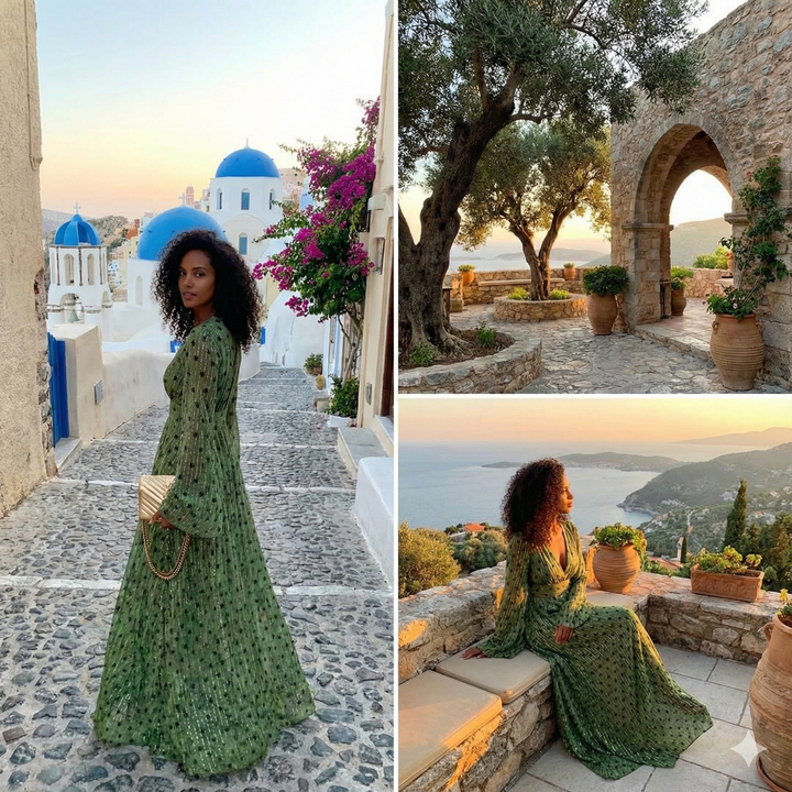Stylish women's long green boho maxi dress, a versatile summer and beach essential.