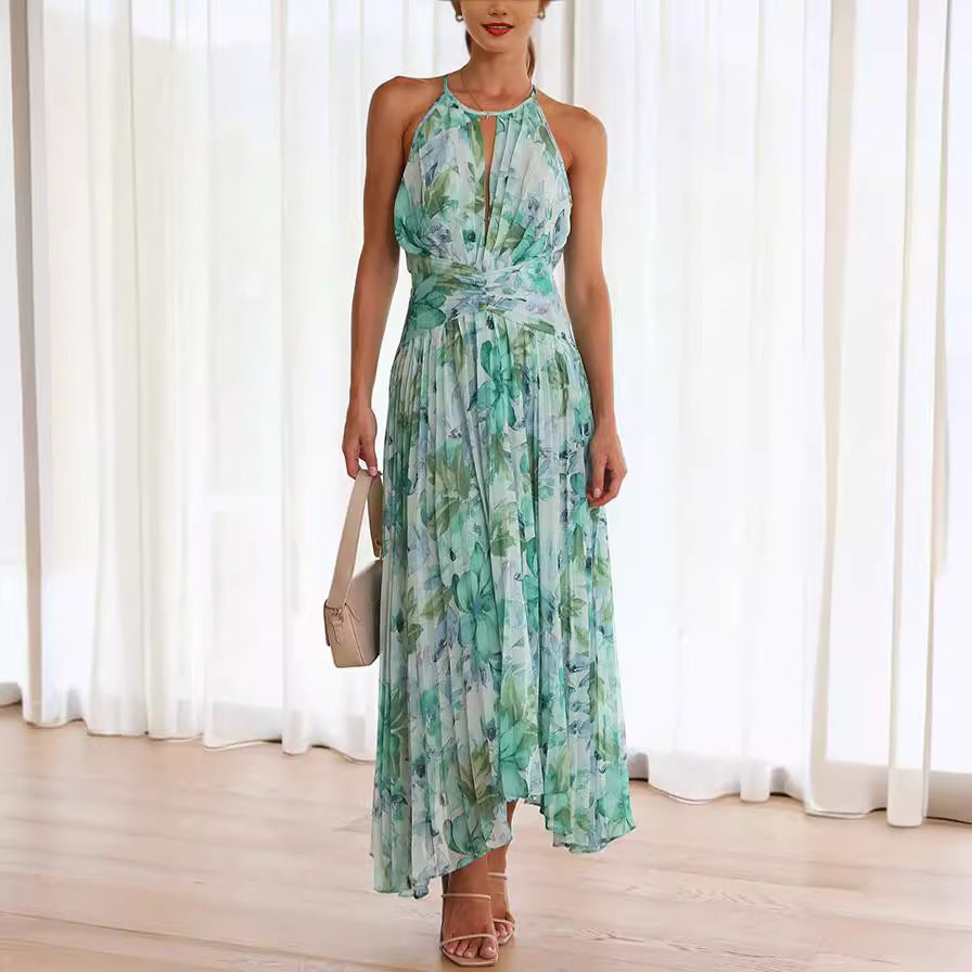 Women's green floral halter midi wedding guest dress