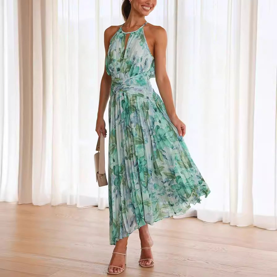 Elegant floral print sleeveless midi party dress for weddings