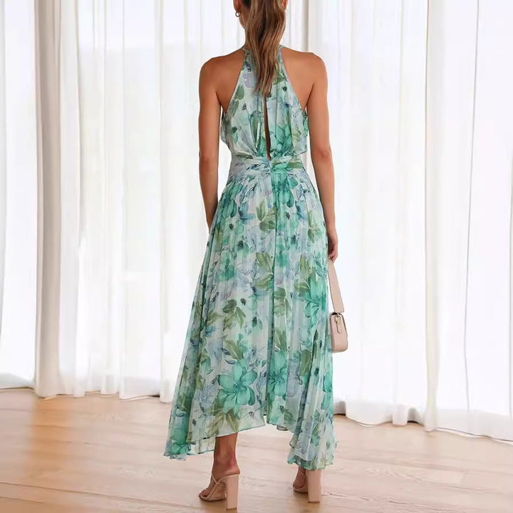 Chic halter neck floral midi dress, perfect for wedding guests