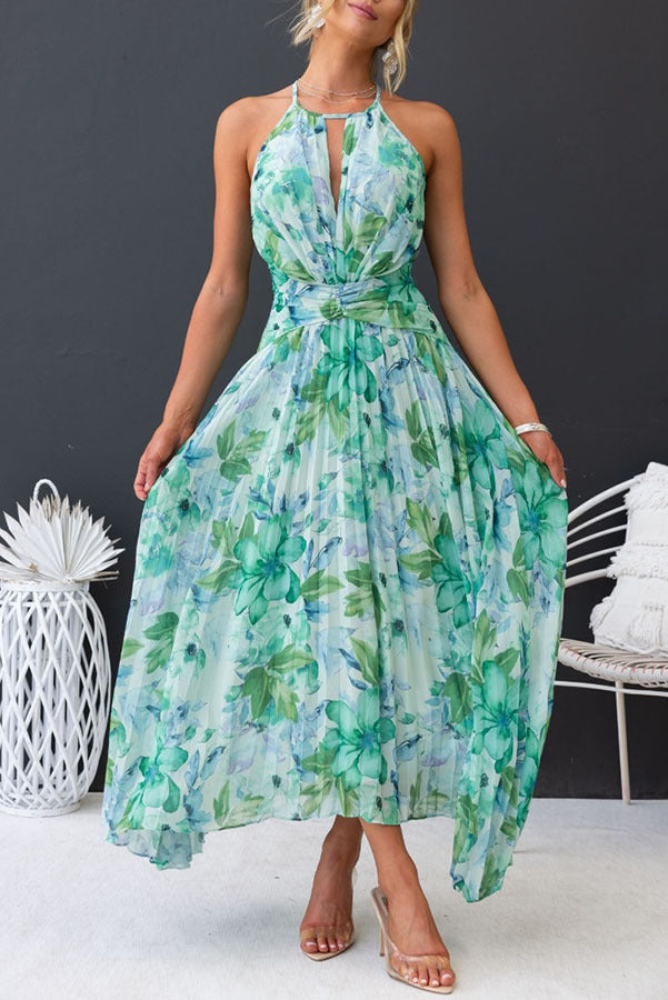 Women's floral halter neck sleeveless midi dress for guests