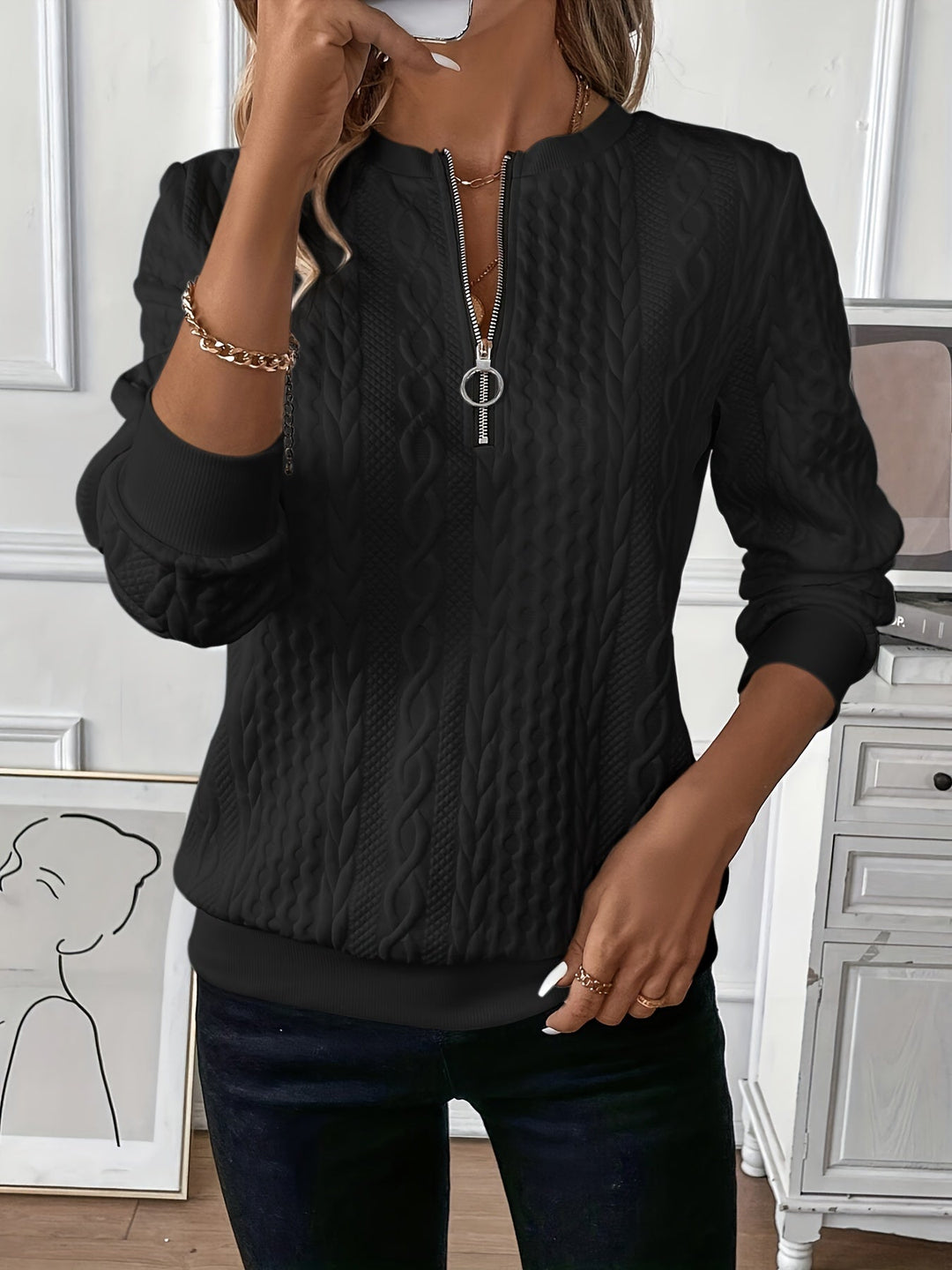 Warm women's half-zip jumper, ring pull, ribbed hem; perfect long-sleeve for cold fall & winter days.