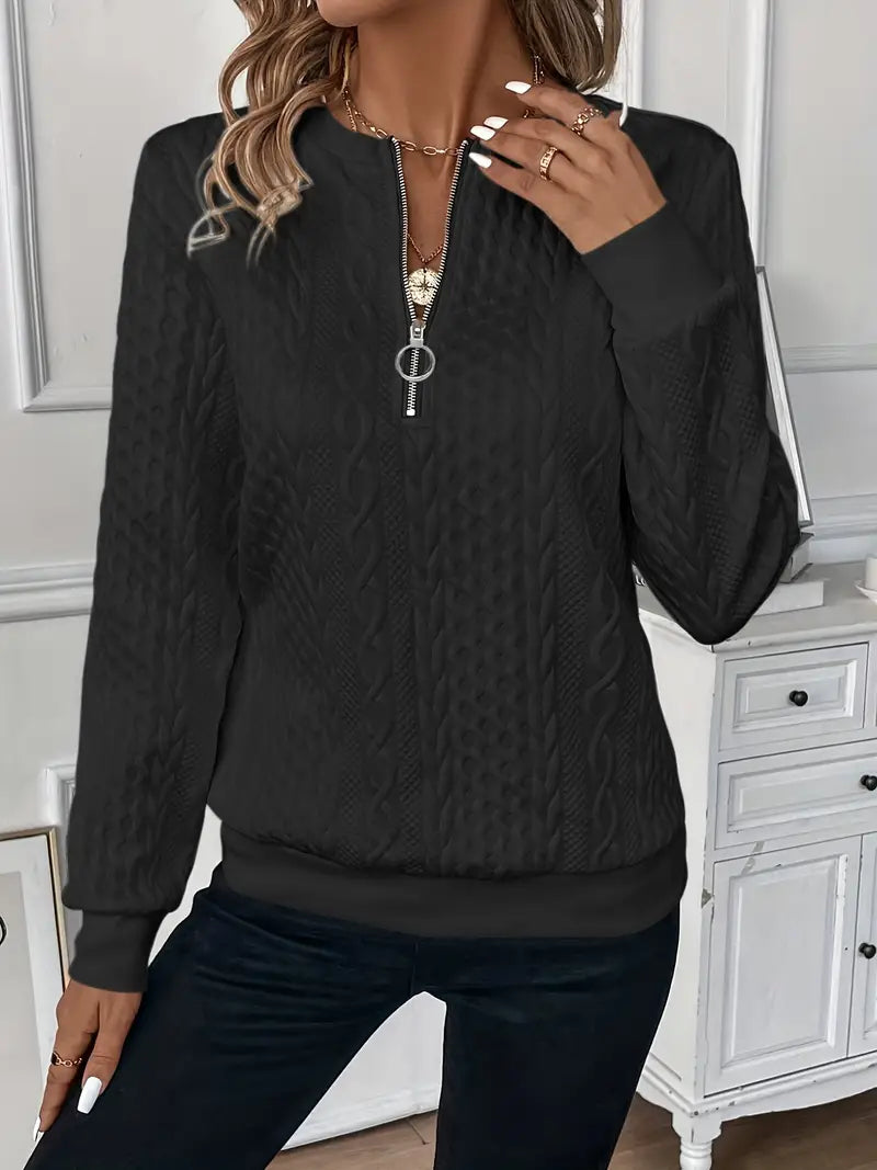Make a style statement with this women's half-zip ring pull jumper, ribbed hem, fall fashion.