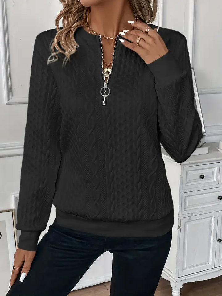 Make a style statement with this women's half-zip ring pull jumper, ribbed hem, fall fashion.