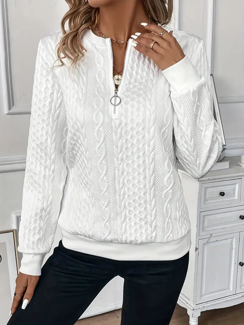 Cozy women's half-zip ring pull jumper, ribbed hem; perfect casual-chic style for fall & winter.