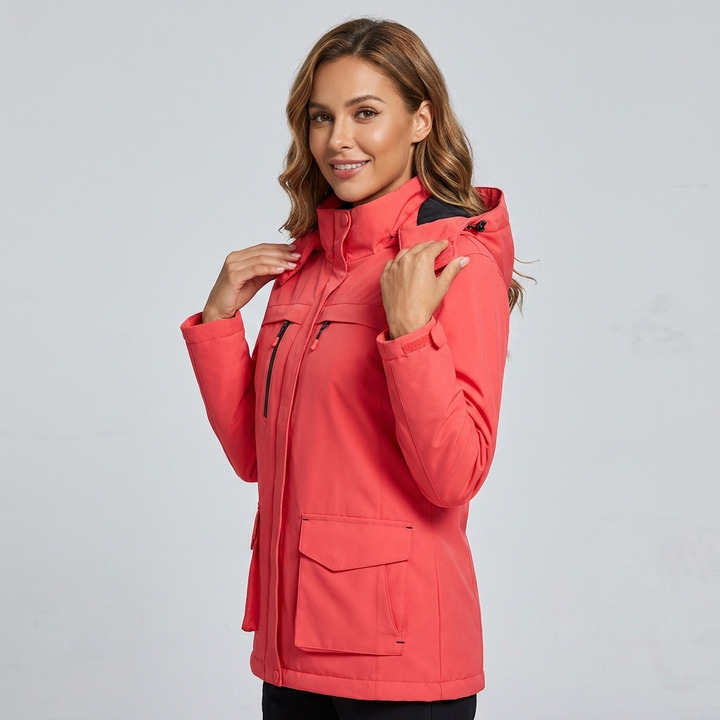 Women's heated hooded jacket with full zip, USB powered for ultimate warmth in cold weather.