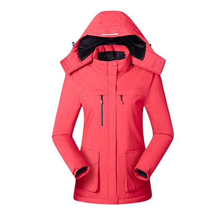 Insulated women's heated jacket for outdoor activewear, providing thermal comfort in winter.