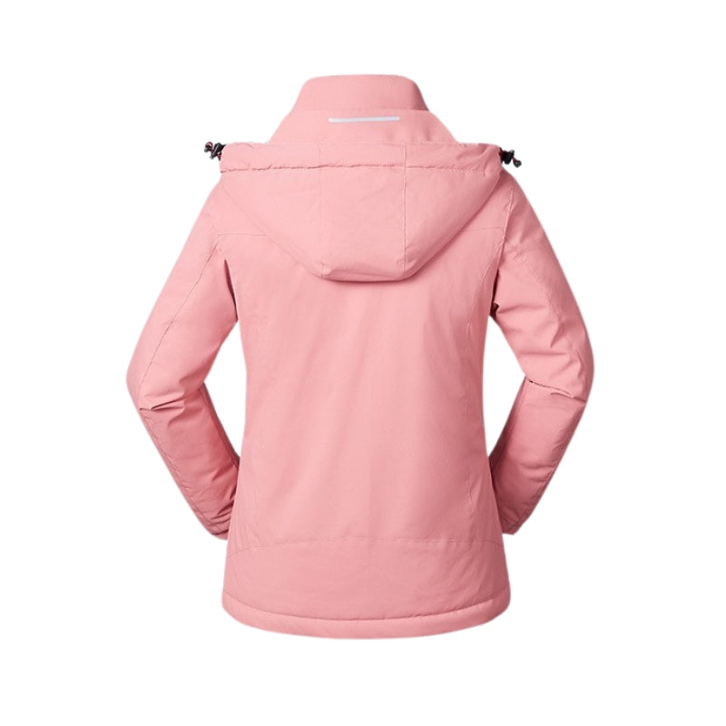 Women's activewear heated jacket, insulated and hooded for superior warmth during cold weather outdoor pursuits.