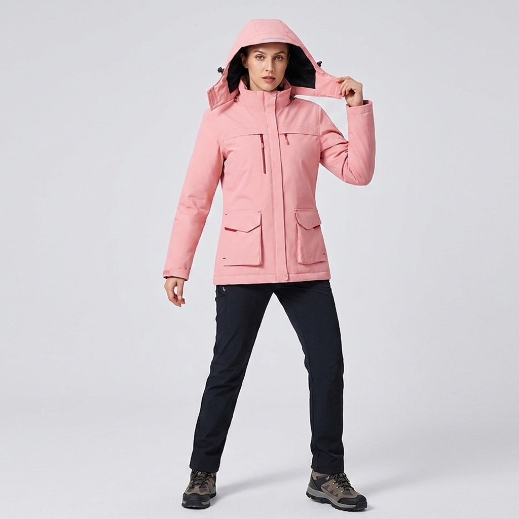 Women's full zip heated hooded jacket, thermal and warm for winter outdoor use.