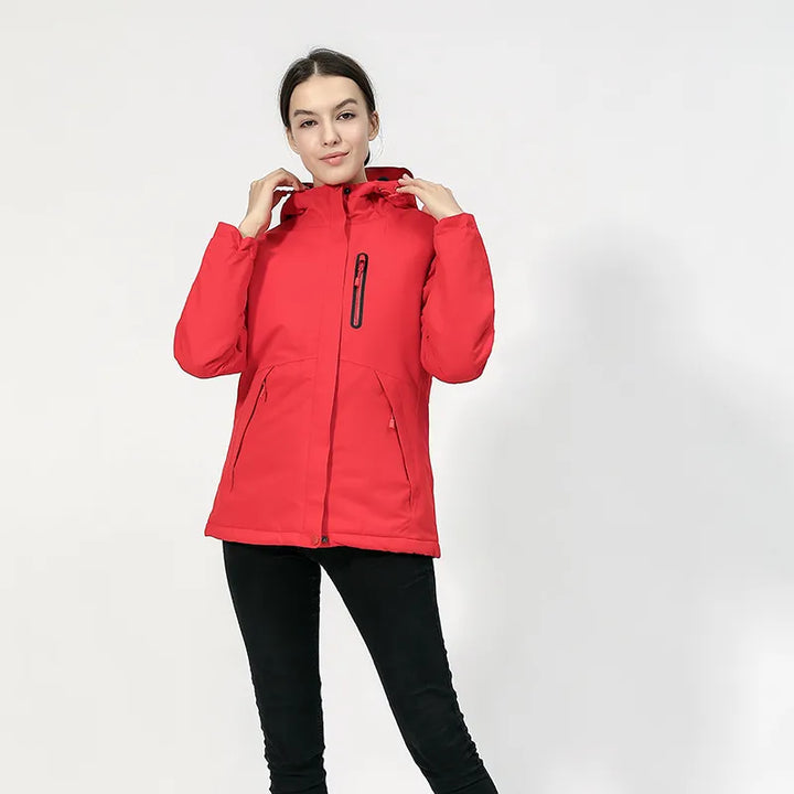 Close-up of USB port on women's heated hooded jacket