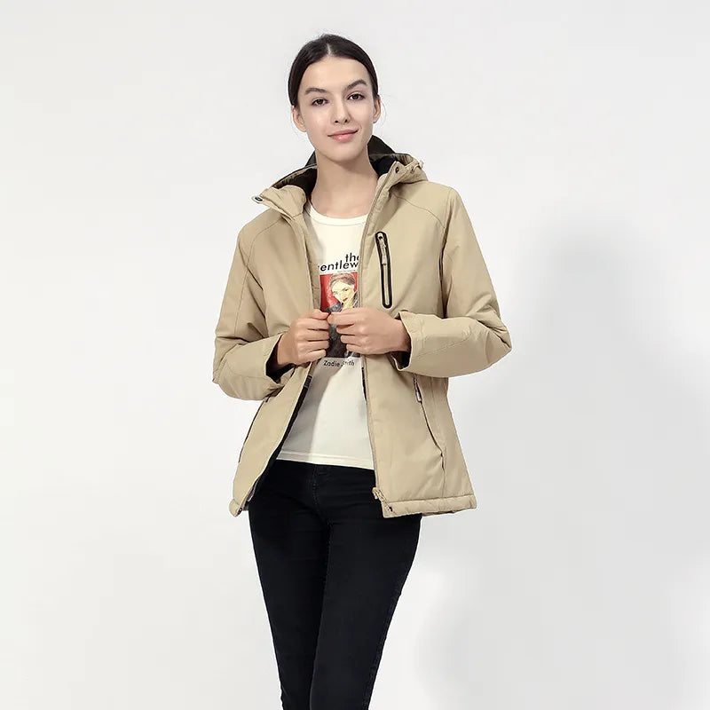 Front view of women's casual outerwear heated hooded jacket