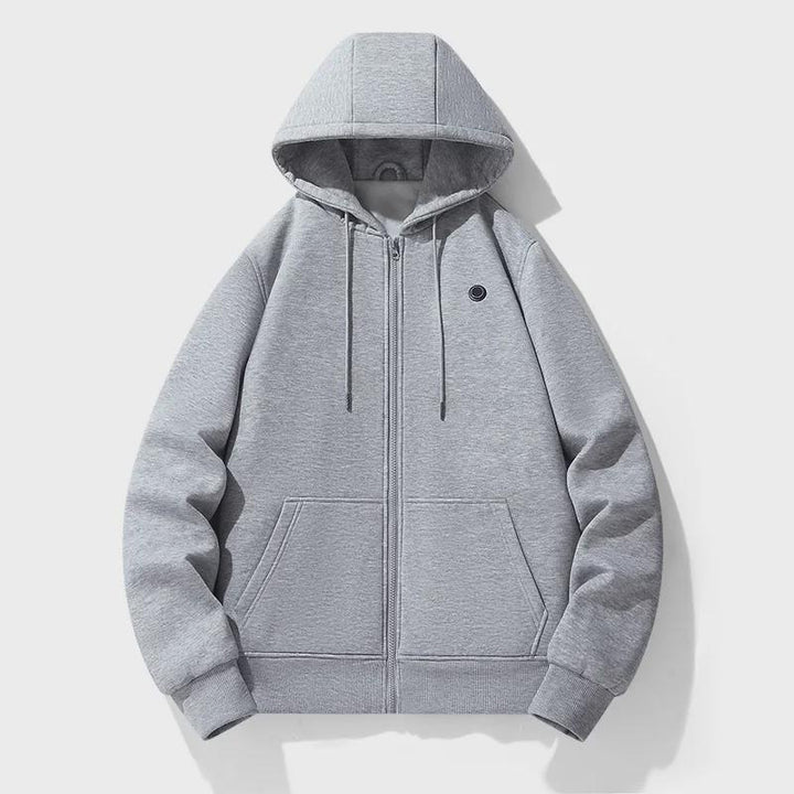 Women's heated jacket hoodie in black, a warm winter zip-up for cold weather.