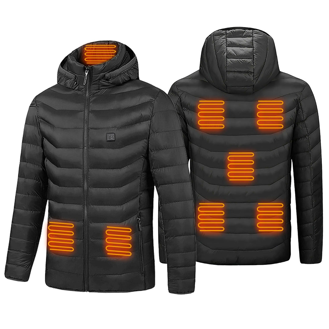 Women's heated puffer jacket with hood, ideal for winter. Electric, thermal, zip-up design for ultimate warmth.