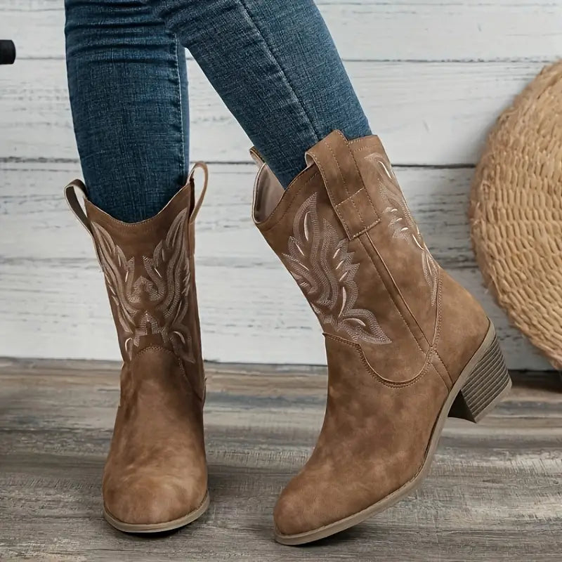 Women's heeled Western cowgirl boots with intricate embroidery & textured finish. Stylish fashion footwear.